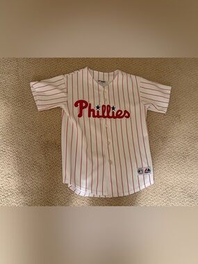 Youth Majestic MLB Philadelphia Phillies Ryan Howard White Pinstripe Jersey M